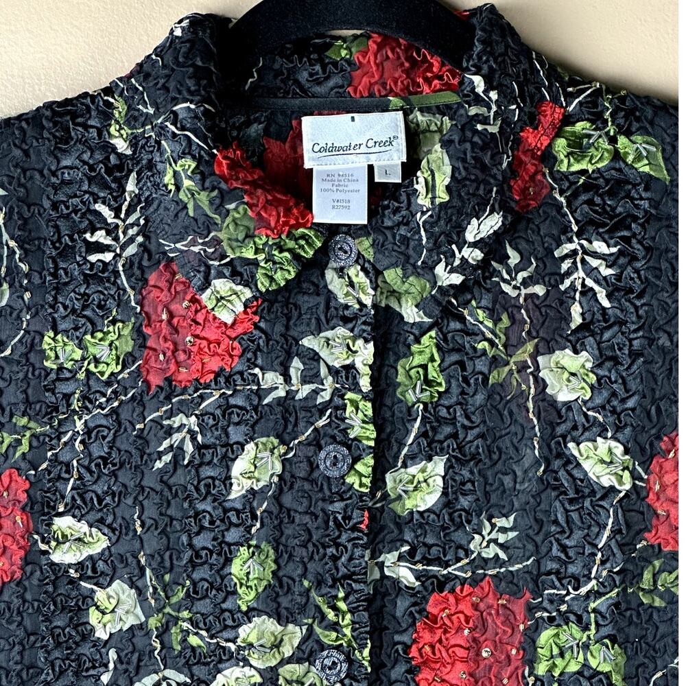 Vintage Coldwater Creek Women Size Large Button Down Rose Crinkle Beaded Top - Picture 2 of 8